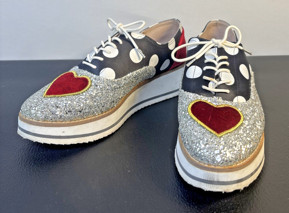 Betsey Johnson Pixxy Platform Oxford Shoes 11 Glitter Heart Polka Dot Creepers